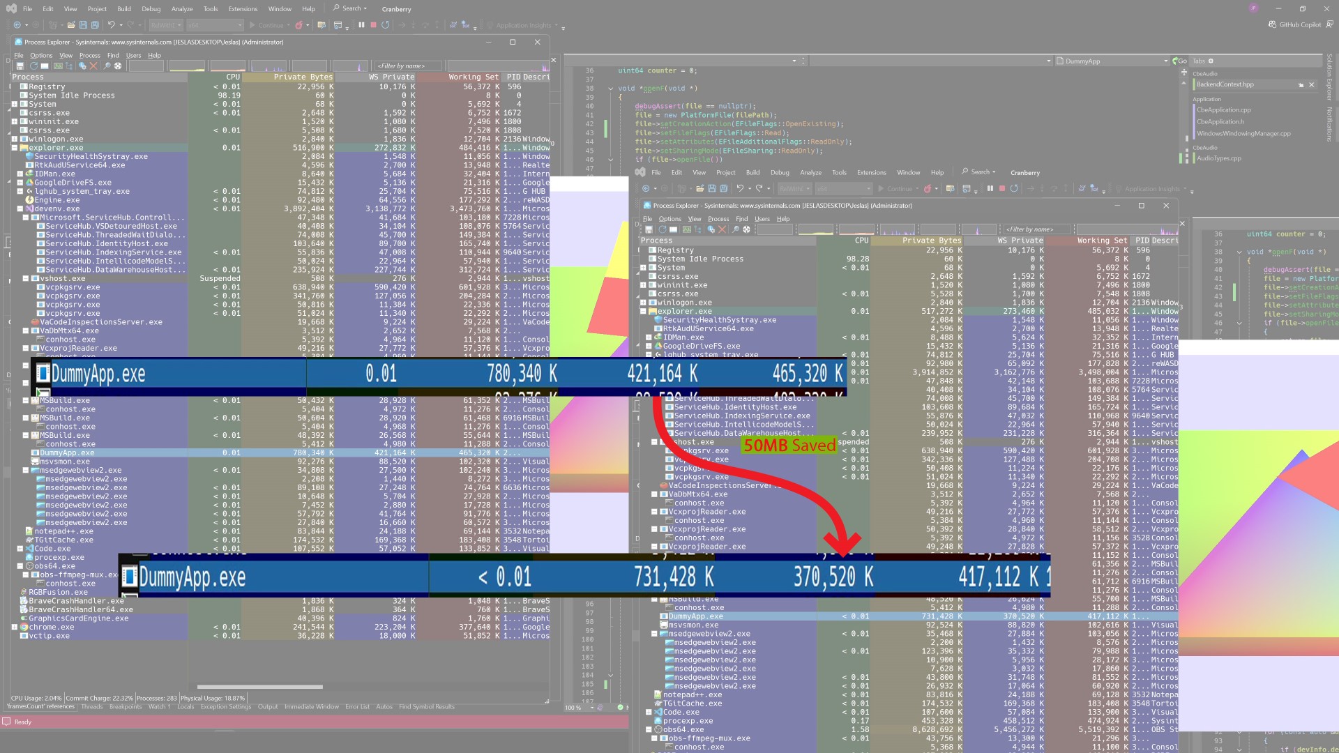 Image showing memory usage drop of 50MB when streaming audio compared to playing from memory